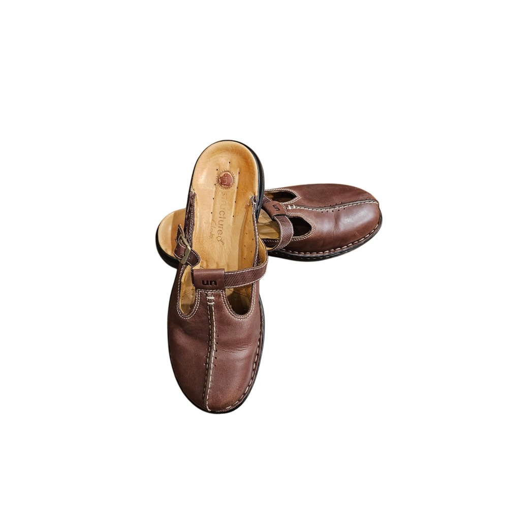 Clarks Unstructured Un.Loop Brown Leather T-Strap Clog Mules Womens 9M 86609